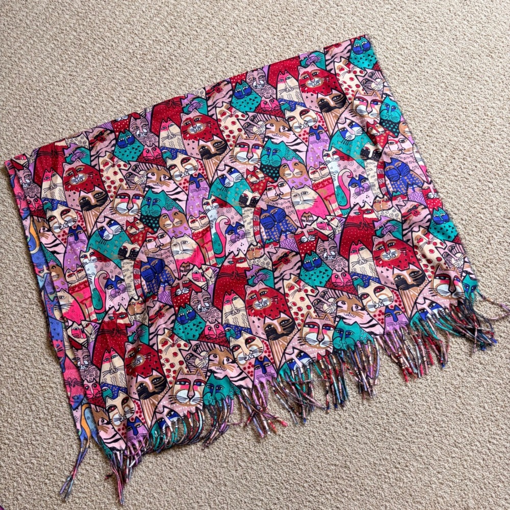Colorful Whimsical Cat Face Print Scarf with Fringe Trim Multi-Color Novelty